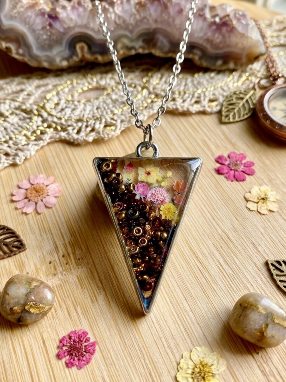 Sterling Silver Triangle Pendant Necklace with Pink & Yellow Floral Inlay